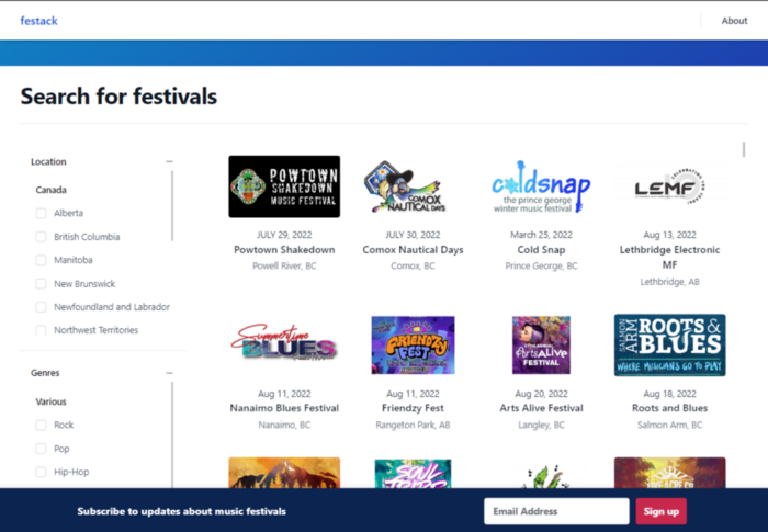 A screenshot of the Festack Landing Page