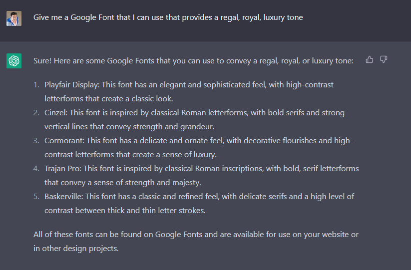 ChatGPT Font Prompt Screenshot